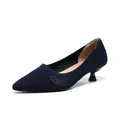 Elegant navy blue breathable fly-knit pointed-toe kitten heel pumps for professional women - 34 / Hollow Out Blue