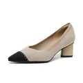 Elegant beige and black pointed toe knit pumps featuring a comfortable 5cm chunky block heel - 34 / Beige Black