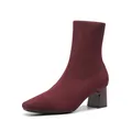 Elegantes botines de calcetín de punto rojo vino con tacón grueso y punta cuadrada - 38 / Rojo Anaranjado