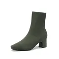 Botines de calcetín de punto elástico verde oliva con tacones cuadrados gruesos - 38 / Verde