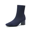 Botines tipo calcetín de punto elástico azul marino con tacón de bloque y punta cuadrada - Azul