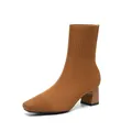 Elegantes botines tipo calcetín de punto marrón con punta cuadrada y cómodo tacón de bloque - Marrón