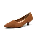 Elegant women's pointed toe kitten heel pumps in breathable caramel brown fly-knit mesh - Hollow Out Brown