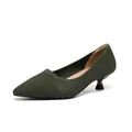 Breathable olive green fly-knit pointed toe kitten heel pumps for casual elegant wear - Hollow-out Green