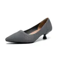 Elegant grey knit pointed-toe kitten heel pumps with breathable mesh design for women - Hollow Gray