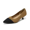 Elegant pointed-toe knit kitten heels with black contrast toe cap in tan colorway - Hollow-out Brown Black