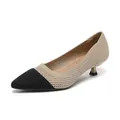 Elegant breathable fly-knit pointed-toe kitten heel pumps in beige and black contrast - Hollow apricot black