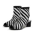 Chic zebra print knitted peep-toe ankle boots with block heels and slingback design. - Zebra Print