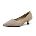 Elegant beige knitted pointed-toe kitten heel pumps featuring a breathable mesh texture - Hollow Light Apricot