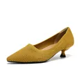 Breathable yellow knit pointed toe pumps with kitten heels for elegant summer style - Hollow-out Yellow