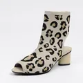 Stylish leopard print knitted peep-toe ankle boot with chunky block mid-heel for women - Leopard Print