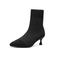 Elegant black pointed-toe knit ankle boot with a slim stiletto heel and rib cuff. - 34 / Black