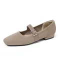 Breathable khaki fly-knit Mary Jane flats with square toe and strap for women. - Dark Apricot