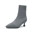 Elegant grey knit pointed toe ankle boots for women featuring a comfortable kitten heel - 34 / Gray