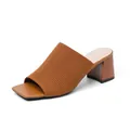 Brown women's knitted square-toe block heel mule sandals with breathable flyknit upper - 34 / Brown