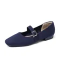 Elegant navy blue fly-woven Mary Jane flat shoe with buckle strap and square toe - Blue