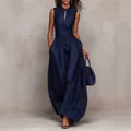 Elegante mono largo sin mangas de rayas azul oscuro con bolso a juego para mujer - S / Azul marino