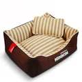 Square striped pet bed with matching pillow in brown canvas - Yarn-Dyed Brown