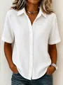 Close-up of women's white crinkle cotton short sleeve button-down casual shirt - 3XL / Tops / White