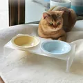 Verhoogde acryl kattenbak met dubbele keramische schalen in geel en blauw voor huisdieren. - Gele & blauwe voerbakken + dubbele standaard