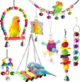 Diverse 11-piece colorful parrot toy set featuring wooden swings, ladders and hanging bells - 8-piece Set