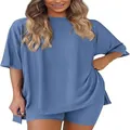 Completo lounge da donna con t-shirt blu oversize e pantaloncini a vita alta stile - Blu grigiastro