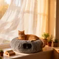 Grey long-plush donut cat tunnel bed with warm fleece on a sunny windowsill - Gray