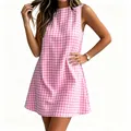 Detailed view of pink gingham sleeveless dress for women with classic round neckline - S / Dresses / Pink