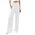 Stylish women's high waisted wide leg pants in solid white color loose casual fit - White