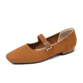 Classic women's brown breathable fly-knit Mary Jane flats with adjustable buckle strap - Brown