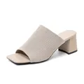 Elegant beige knitted block heel mules featuring a square toe and ribbed fly-knit upper - 34 / Apricot