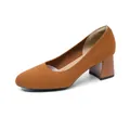 Elegante oranje fly-knit pumps met spitse neus en een stabiele blokhak van 5,5 cm - Bruin