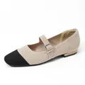 Elegant beige and black flyknit Mary Jane flat shoes with adjustable buckle strap for women - Beige Black