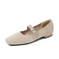 Breathable fly-knit Mary Jane flats with square toe and buckle strap in apricot color - Light Apricot