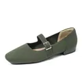 Comfortable breathable dark green flyknit Mary Jane flat shoes with adjustable buckle strap - Green