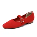 Elegant red fly-knit Mary Jane shoes featuring a square toe and adjustable buckle - Red