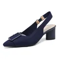 Eleganti sandali slingback in maglia blu scuro con punta affusolata e tacco largo - 34 / Blu