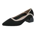 Elegant black knit pointed toe pumps with beige trim and low block heels for women. - 34 / Striped Black