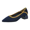 Elegant navy blue knit pointed-toe pump with yellow trim and chunky geometric heel - 34 / Striped Blue