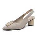 Beige knitted pointed toe slingback chunky mid-heel sandals with decorative buckle - Light Apricot