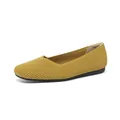 Comfortable women's mustard yellow knit flat shoes with square toe and breathable design - Striped Yellow