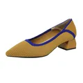 Mustard yellow knitted pointed-toe pumps featuring block heels and blue trim detail - 34 / Striped Yellow