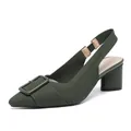 Olive green pointed-toe knitted slingback sandals with chunky heels and buckle detail - Green