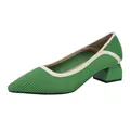 Stylish green knitted pointed toe pump with a chunky block heel and contrast cream trim - 34 / Striped Green