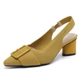 Yellow knitted pointed-toe slingback sandals with chunky heel and buckle detail - Yellow