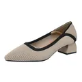 Elegant beige knit pointed-toe pumps featuring black trim and a stylish medium block heel - Striped Light Apricot
