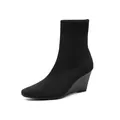 Elegant black knitted wedge heel sock boot featuring a stylish square toe design - 34 / Black
