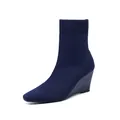 Elegant navy blue square toe knit wedge sock boots with a comfortable 8cm high heel - 34 / Blue