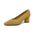 Mustard yellow pointed toe chunky heel pumps for women with elegant ribbed knit texture - Striped Yellow