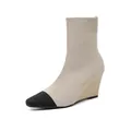 Elegant square-toe knit wedge ankle boots with breathable beige fabric and black cap toe - 34 / Beige Black